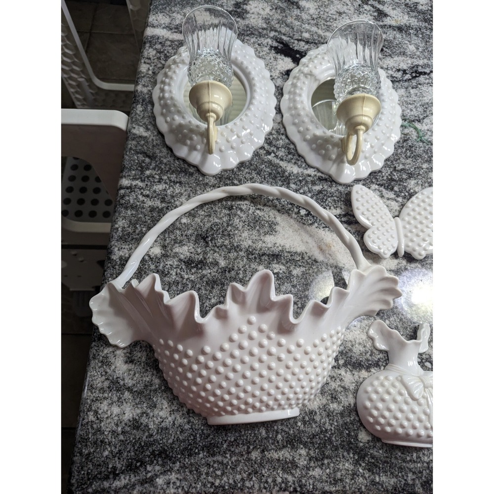 Vintage Burwood Grand Island Accessories Cottage 8pc White Hobnail Grouping Lot - Picture 2 of 16